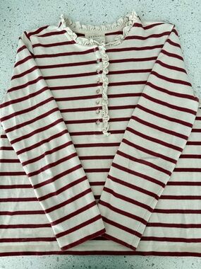 Sezane Red and White Striped Ruffle Henley Long Sleeve